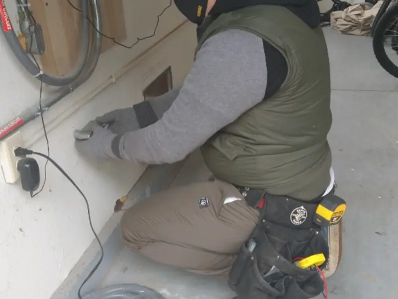 Electrician performing outlet wiring in a La Vale garage